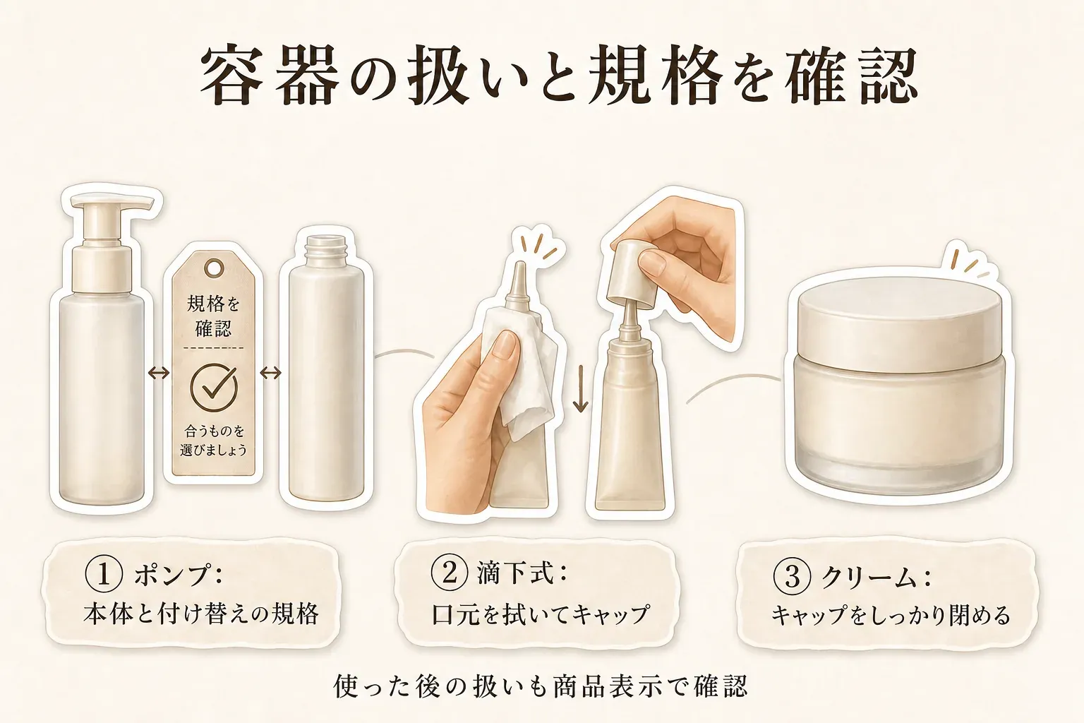 容器の扱いとして、ポンプは本体と付け替えの規格を確認し、滴下式チューブは口元を拭いてキャップを閉め、クリーム容器はキャップをしっかり閉めることを示す図