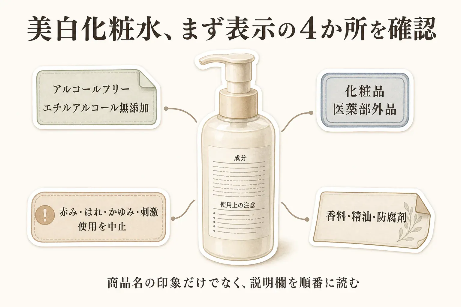 美白化粧水で確認する表示の4か所として、アルコールフリー・エチルアルコール無添加、化粧品・医薬部外品の商品区分、香料・精油・防腐剤などの成分、赤み・はれ・かゆみ・刺激が出たときに使用を中止する注意を示した図