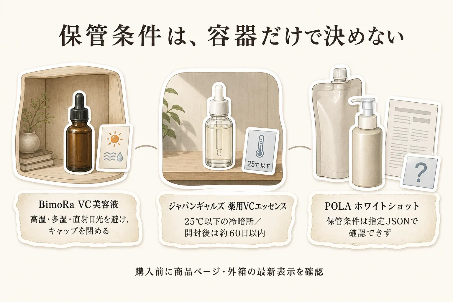 BimoRaは高温・多湿・直射日光を避けて使用後にキャップを閉めること、ジャパンギャルズは直射日光を避け25度以下の冷暗所で保管し開封後約60日以内に使うこと、POLAは保管条件を購入前に最新案内で確認することを示した保管チェック図