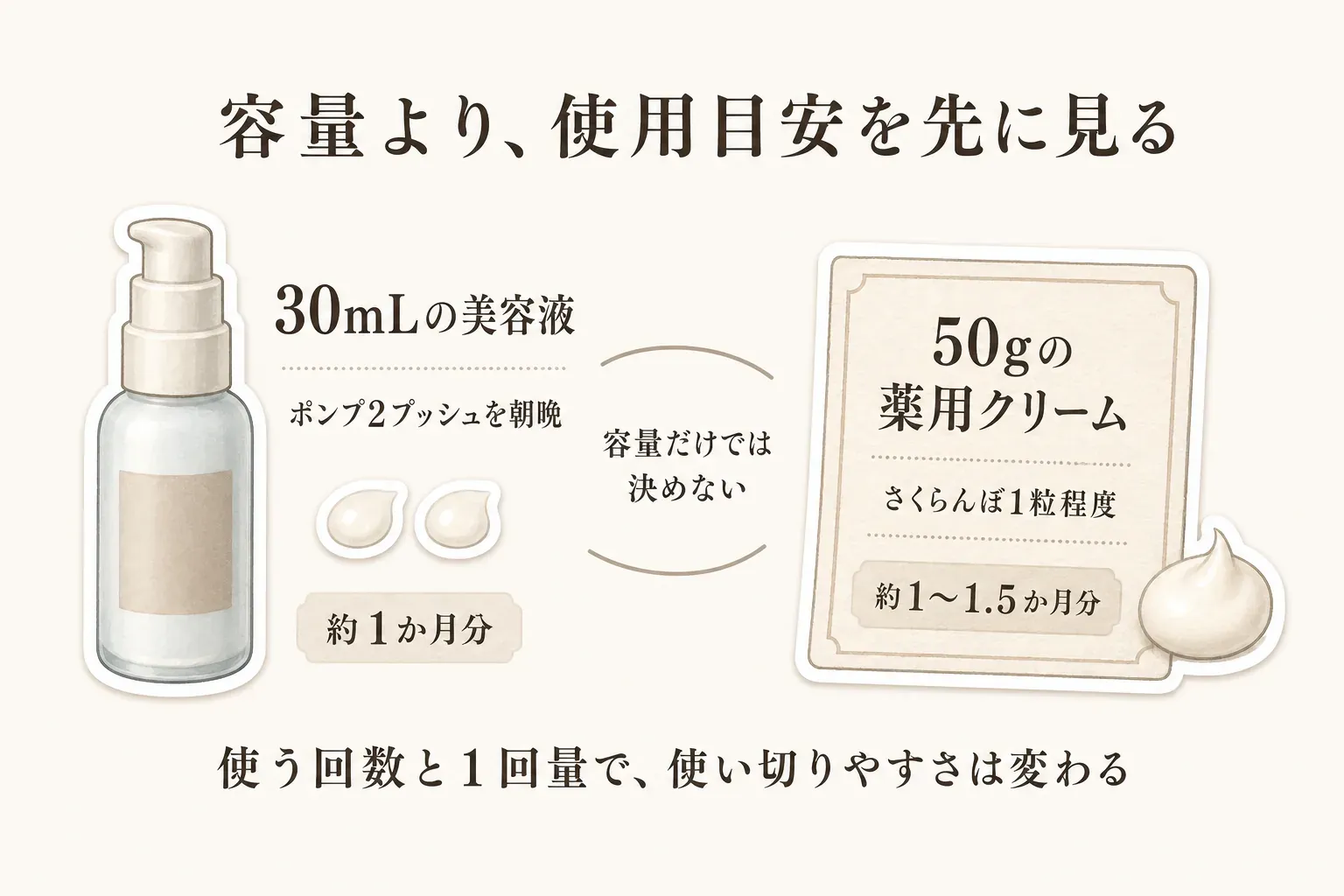 容量だけで決めず使用目安を先に見る図。30mLの美容液はポンプ2プッシュを朝晩使って約1か月分、50gの薬用クリームはさくらんぼ1粒程度で約1〜1.5か月分と示し、使う回数と1回量で使い切りやすさが変わることを説明している