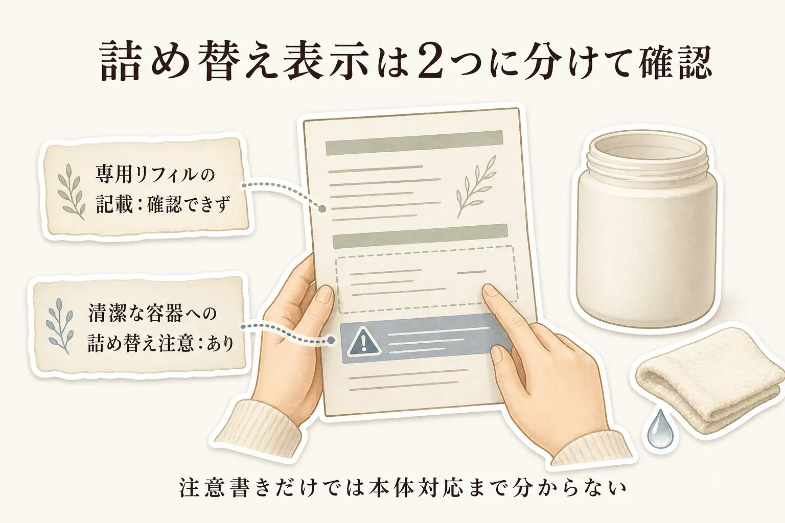 専用リフィルの記載、本体との対応容量、移し替え方法、清潔な容器を使う注意を順に確認し、商品説明の詰め替え注意だけで専用リフィルやポンプ対応を判断しないことを示す図