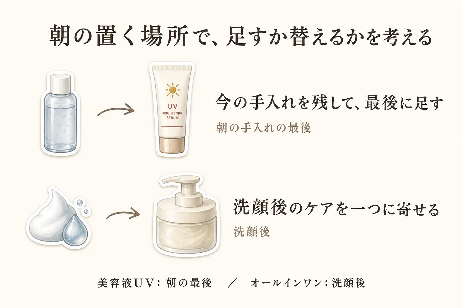 朝用美白美容液UVは今の手入れを残して朝の最後に足す、薬用美白オールインワンは洗顔後のケアを一つに寄せるという、朝の置く場所の違いを示す図