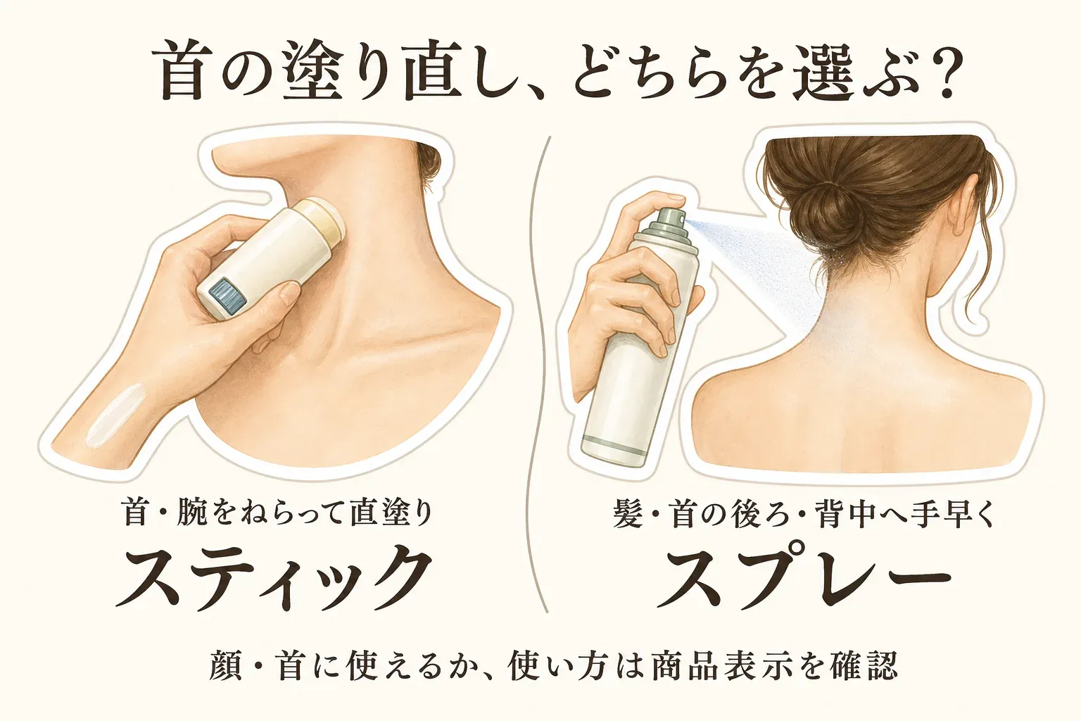 首の塗り直しでは、手を汚さず狙った場所へ直塗りするならスティック、首の後ろや髪など広い範囲へ手早く使うならスプレーを選ぶ目安を示す図