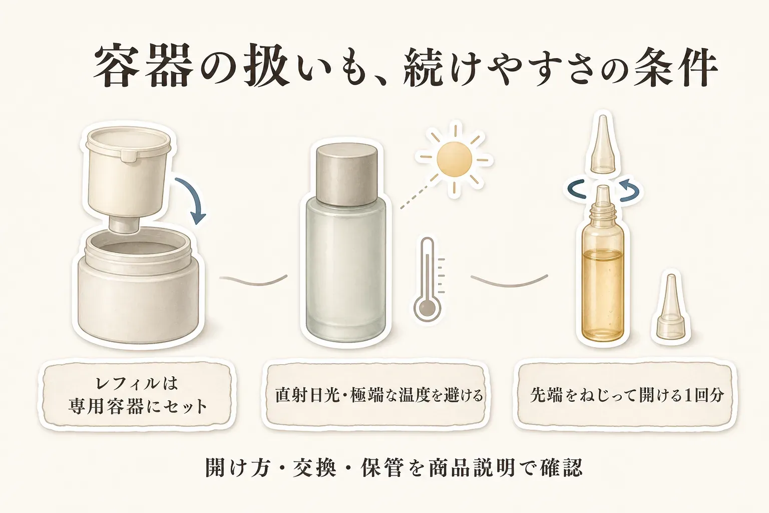 レフィルを専用容器にセットすること、ボトルは直射日光と極端な温度を避けて保管すること、1回分アンプルは先端をねじって開けることを示し、開け方・交換・保管を商品説明で確認するよう案内する図