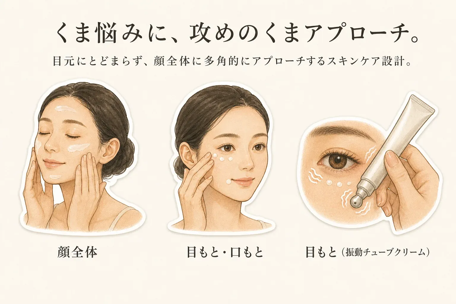 顔全体にクリームをなじませる使い方、顔の目元・口元にクリームをつける使い方、振動チューブクリームを目元に使う様子を並べ、使う部位によって商品を分けて考えることを示した図