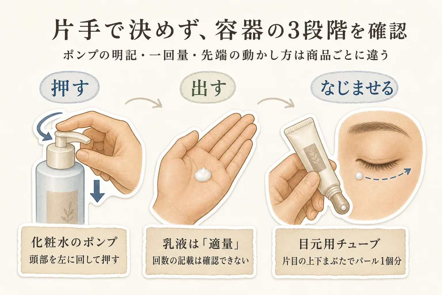 容器の扱いを「押す・出す・なじませる」の3段階で示した図。化粧水のポンプは頭部を左に回して押し、乳液は回数の記載がない適量を手に出し、目元用チューブは片目の上下まぶたでパール1個分を出して先端を動かす