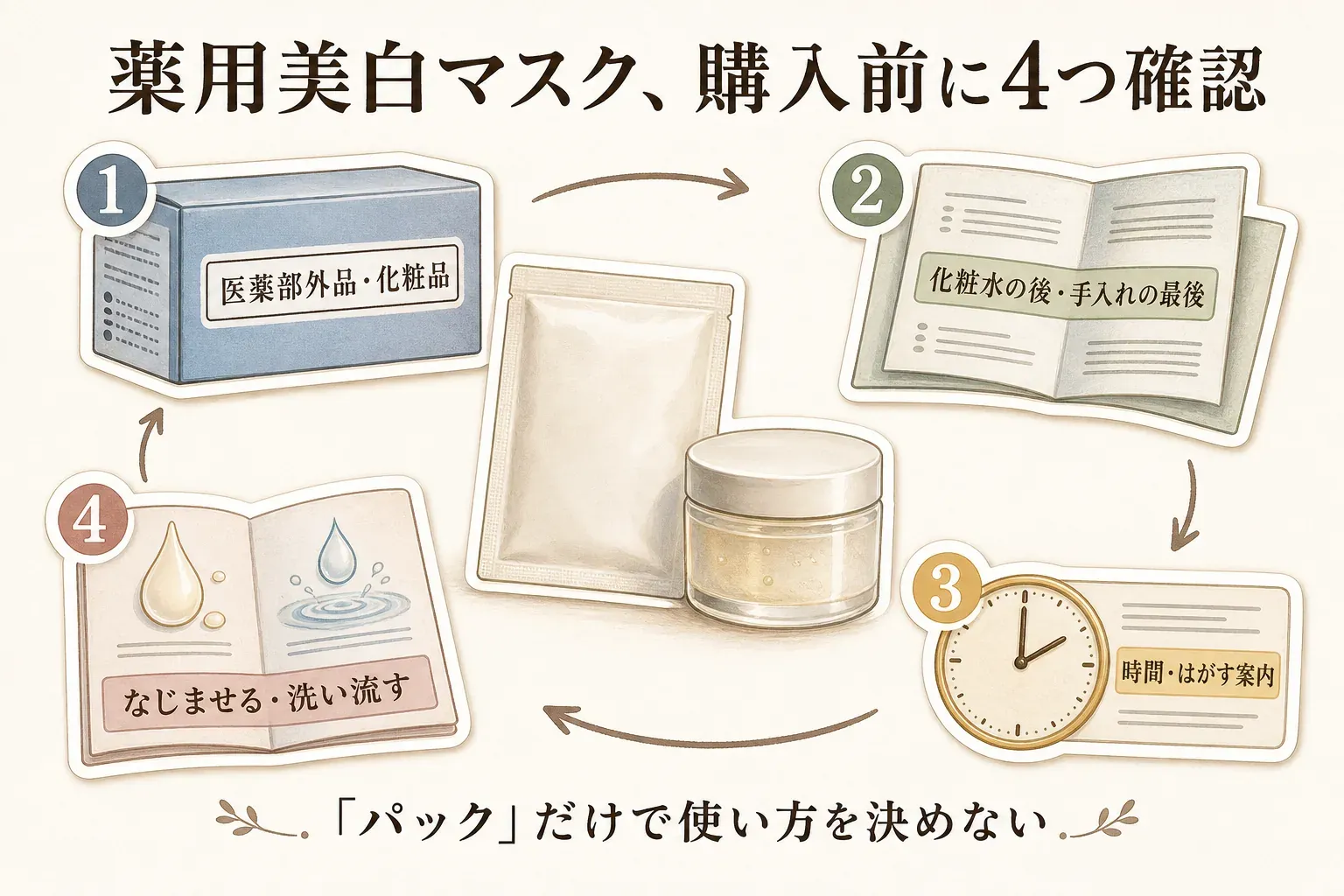 薬用美白シートマスクと美白スリーピングマスクを購入前に確認する順番として、医薬部外品か化粧品かの商品区分、化粧水の後か通常の手入れの最後か、貼る・塗る時間とはがすタイミング、残った液をなじませるか洗い流すかの4項目を示した図